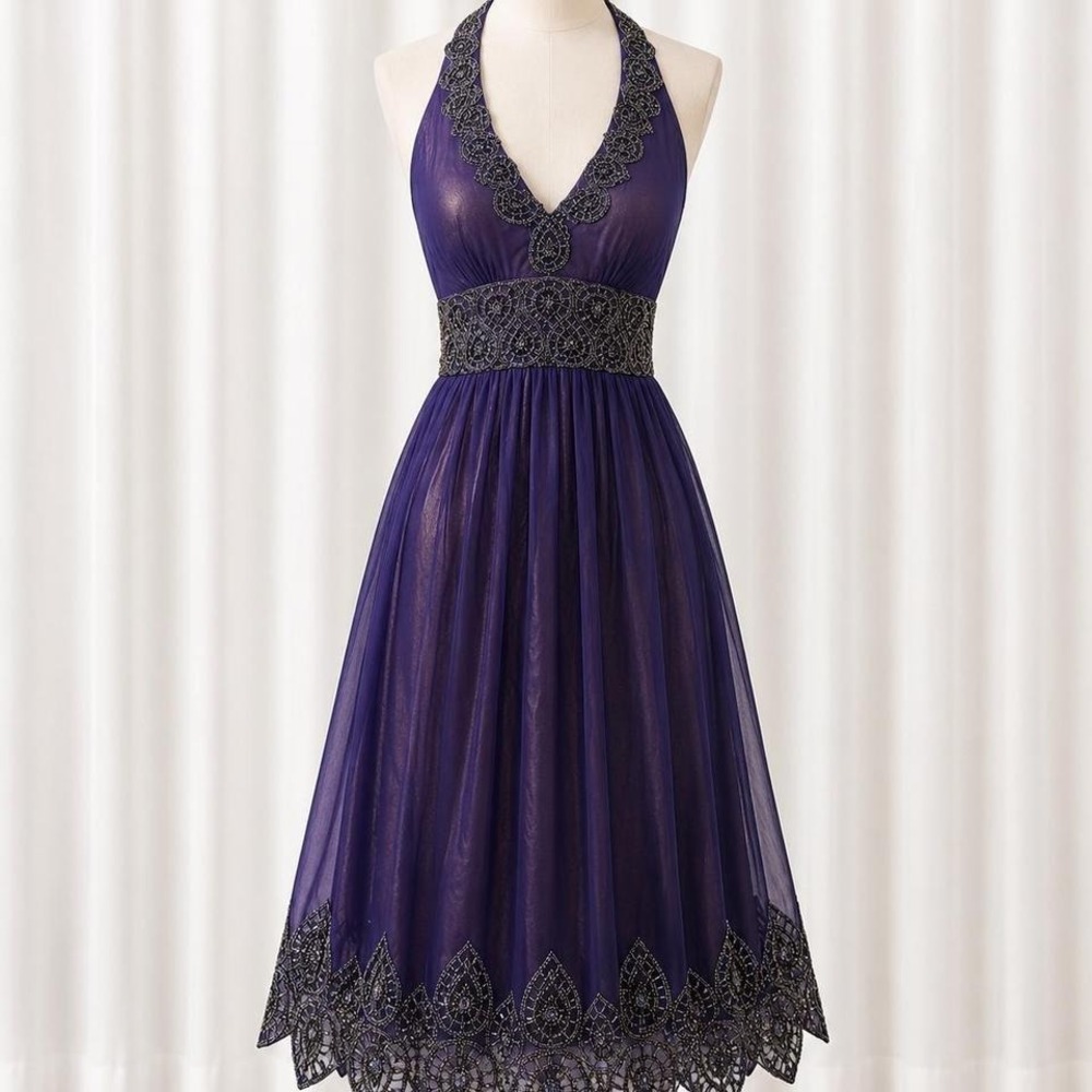 Y2k Vintage Caché purple silk beaded halter dress in size 2